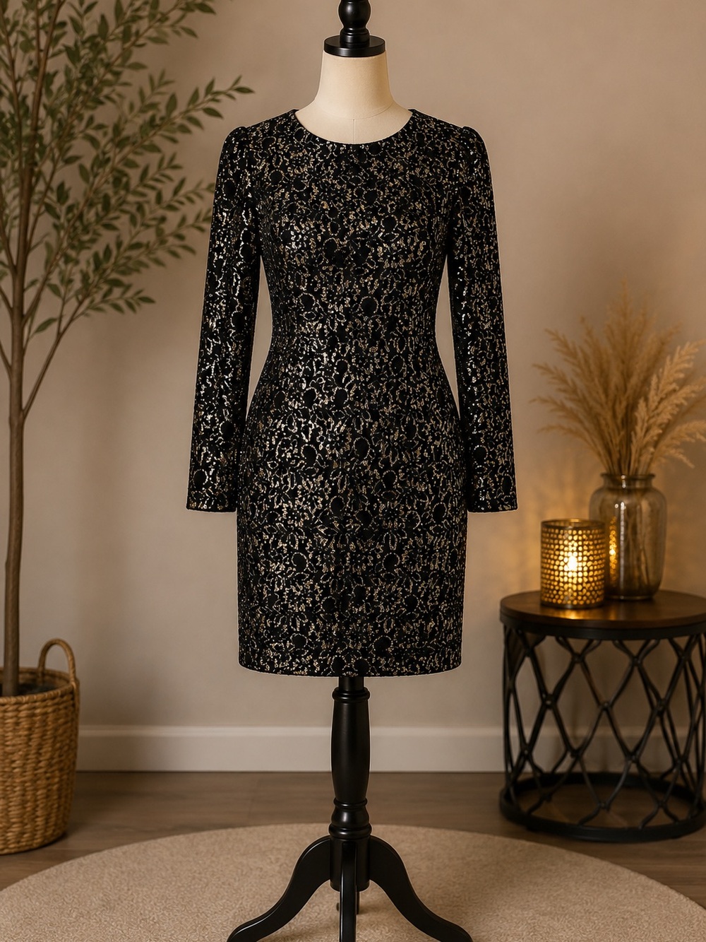 Erin Fetherston Size 8 Black and Silver Lace-Effect Long Sleeve Sheath Dress